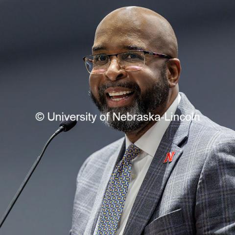 Chancellor Rodney Bennett speaks to attendees inside the Willa Cather Dining Complex Red Cloud Room. ASEM Thank You Luncheon. October 30, 2024. Photo by Jordan Opp / University Communication and Marketing