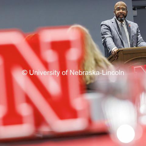 Chancellor Rodney Bennett speaks to attendees inside the Willa Cather Dining Complex Red Cloud Room. ASEM Thank You Luncheon. October 30, 2024. Photo by Jordan Opp / University Communication and Marketing