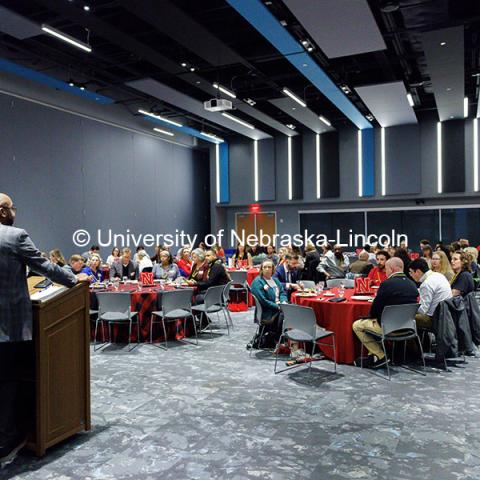 Chancellor Rodney Bennett speaks to attendees inside the Willa Cather Dining Complex Red Cloud Room. ASEM Thank You Luncheon. October 30, 2024. Photo by Jordan Opp / University Communication and Marketing