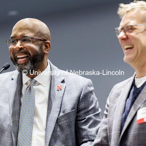 Chancellor Rodney Bennett recognizes Assistant Vice Chancellor James Volkmer inside the Willa Cather Dining Complex Red Cloud Room. ASEM Thank You Luncheon. October 30, 2024. Photo by Jordan Opp / University Communication and Marketing