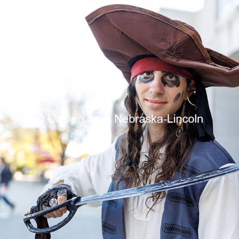 Freshman art major Dillon Jurjevich shows his pirate costume Halloween. Halloween on campus. October 31, 2024. Photo by Jordan Opp / University Communication and Marketing.