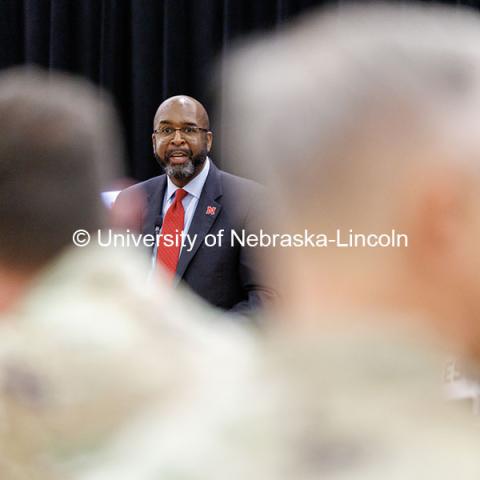 Chancellor Rodney Bennett speaks to attendees of the Huddle Up Pre-Game Celebration inside the Nebraska Union Ballroom. Chancellor’s tailgate party. November 2, 2024. Photo by Jordan Opp / University Communication and Marketing.