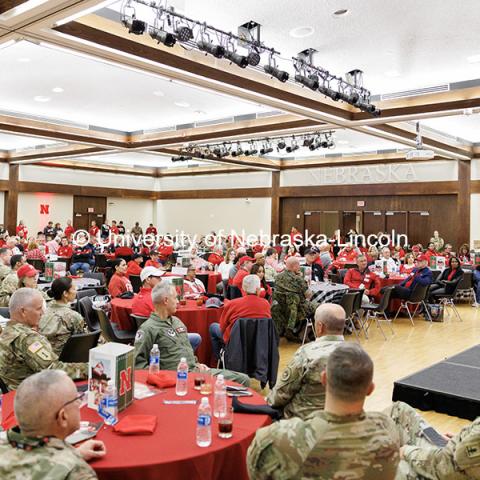 Chancellor Rodney Bennett speaks to attendees of the Huddle Up Pre-Game Celebration inside the Nebraska Union Ballroom. Chancellor’s tailgate party. November 2, 2024. Photo by Jordan Opp / University Communication and Marketing.