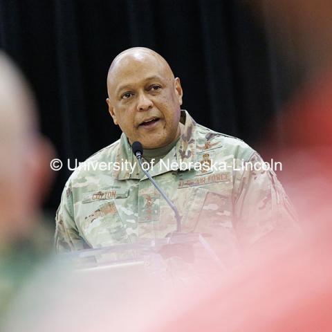 General Anthony J. Cotton speaks to attendees of the Huddle Up Pre-Game Celebration inside the Nebraska Union Ballroom. Chancellor’s tailgate party. November 2, 2024. Photo by Jordan Opp / University Communication and Marketing.