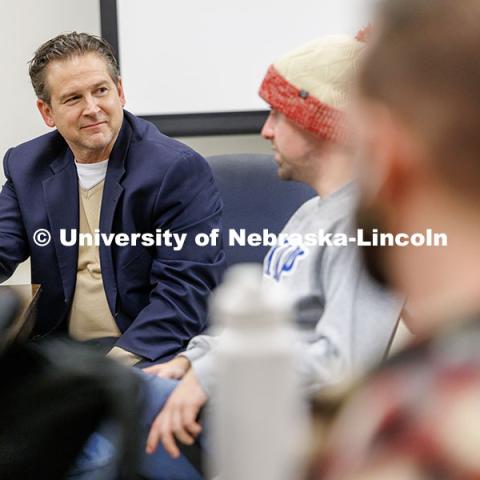 Robert Woody, Steinhart Foundation Distinguished Professor of Music, talks with students in his Advanced Methods: Popular Musicianship course. November 6, 2024. Photo by Jordan Opp / University Communication and Marketing.