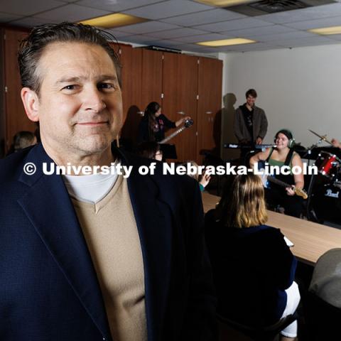 Robert Woody, Steinhart Foundation Distinguished Professor of Music, is photographed during his Advanced Methods: Popular Musicianship course as student’s perform for the class. November 6, 2024. Photo by Jordan Opp / University Communication and Marketing.