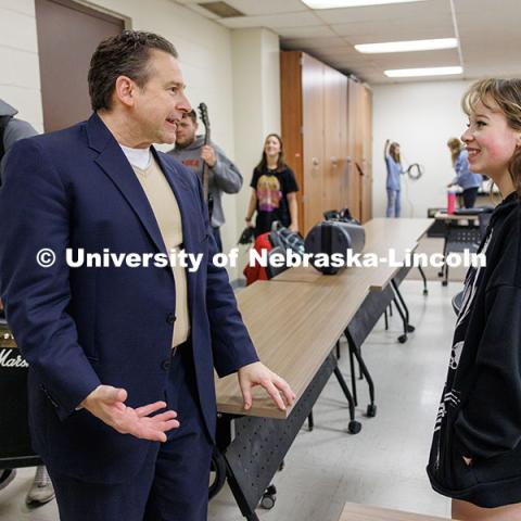 Robert Woody, Steinhart Foundation Distinguished Professor of Music, speaks with senior Faith Stevens at the end of his Advanced Methods: Popular Musicianship course. November 6, 2024. Photo by Jordan Opp / University Communication and Marketing.