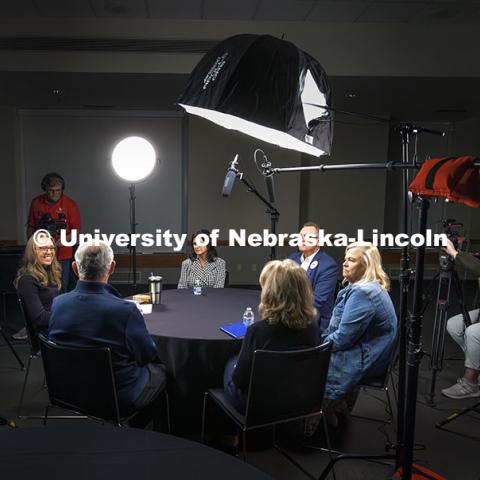 Professor Lindsay Hastings (left) facilitates a focus group conversation with NHRI Leadership Mentoring alumni on how the program has impacted their lives since graduating from Nebraska. NHRI Leadership Mentoring round table during the group’s 75th anniversary meetings. November 8, 2024. Photo by Craig Chandler / University Communication.