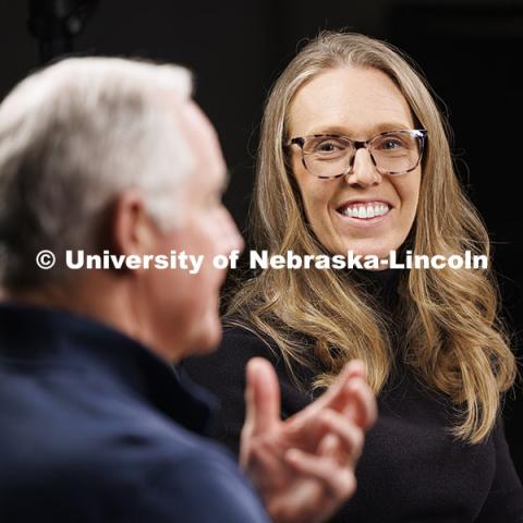 Professor Lindsay Hastings (left) facilitates a focus group conversation with NHRI Leadership Mentoring alumni on how the program has impacted their lives since graduating from Nebraska. NHRI Leadership Mentoring round table during the group’s 75th anniversary meetings. November 8, 2024. Photo by Craig Chandler / University Communication.