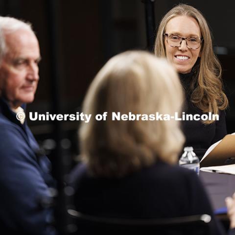 Professor Lindsay Hastings (left) facilitates a focus group conversation with NHRI Leadership Mentoring alumni on how the program has impacted their lives since graduating from Nebraska. NHRI Leadership Mentoring round table during the group’s 75th anniversary meetings. November 8, 2024. Photo by Craig Chandler / University Communication.