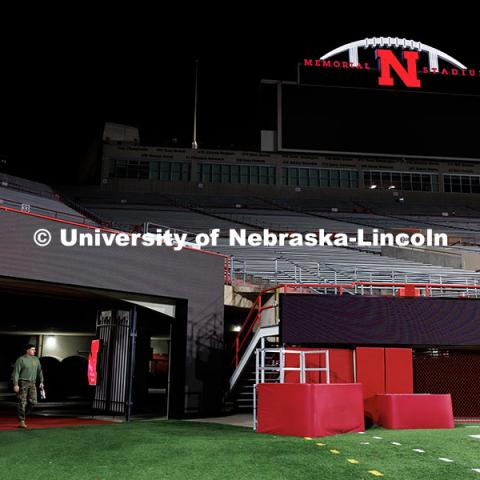 NROTC Staff Sergeant Dylon Taylor walks into Memorial Stadium. Navy and Marine Corps 249th birthday celebration physical training in Memorial Stadium. November 8, 2024. Photo by Jordan Opp / University Communication and Marketing.