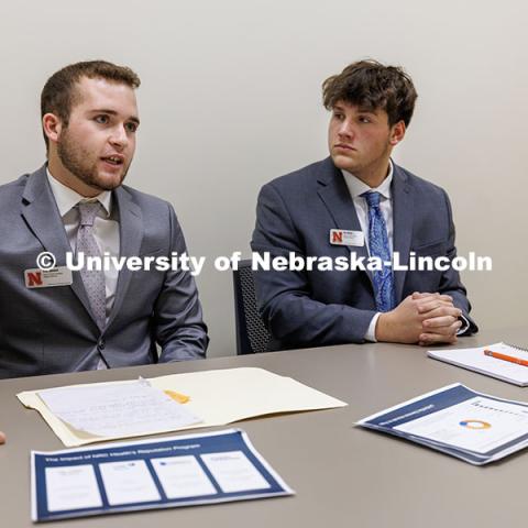 Sophomores Trey Johnson, left, and Joey Idstein pitch their product in the final round. Fall 2024 Center for Sales Role-Play Competition. November 15, 2024. Photo by Jordan Opp / University Communication and Marketing.