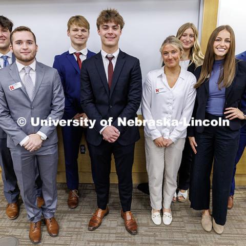 The final four teams consisting of Joey Idstein and Trey Johnson, from left, Joshua Buhr and Henry Moberly, Charlie McCown and Kate Peterson, and Kylie Eads and Aidan Kelch. Fall 2024 Center for Sales Role-Play Competition. November 15, 2024. Photo by Jordan Opp / University Communication and Marketing.