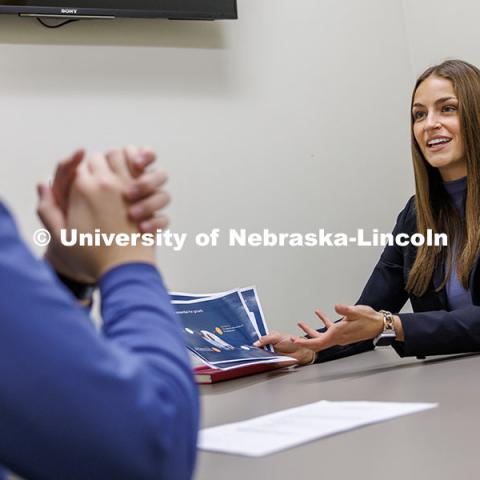 Kylie Eads sells her product in the semi-final round. Fall 2024 Center for Sales Role-Play Competition. November 15, 2024. Photo by Jordan Opp / University Communication and Marketing.