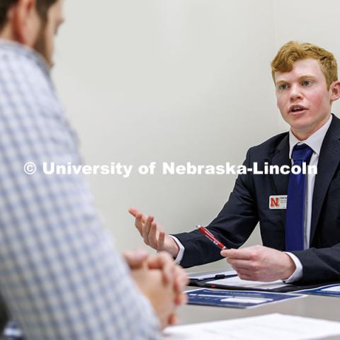 Caleb Sajevic sells his product in the semi-final round. Fall 2024 Center for Sales Role-Play Competition. November 15, 2024. Photo by Jordan Opp / University Communication and Marketing.