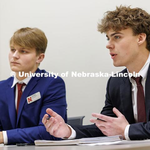 Joshua Buhr and Henry Moberly, right, sell their product in the semi-final round. Fall 2024 Center for Sales Role-Play Competition. November 15, 2024. Photo by Jordan Opp / University Communication and Marketing.