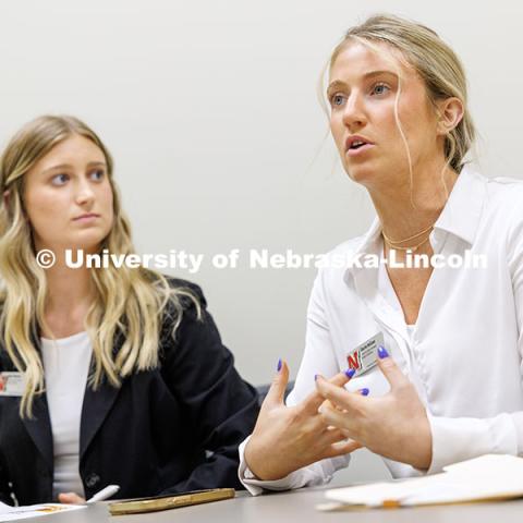 Kate Peterson and Charlie McCown, right, see their product in the semi-final round. Fall 2024 CSE Role-Play Competition. November 15, 2024. Photo by Jordan Opp / University Communication and Marketing