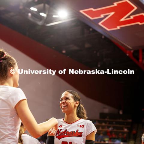 Skyler Pierce celebrates a point at the Nebraska vs. Minnesota volleyball game. November 14, 2024. Photo by Kristen Labadie / University Communication.