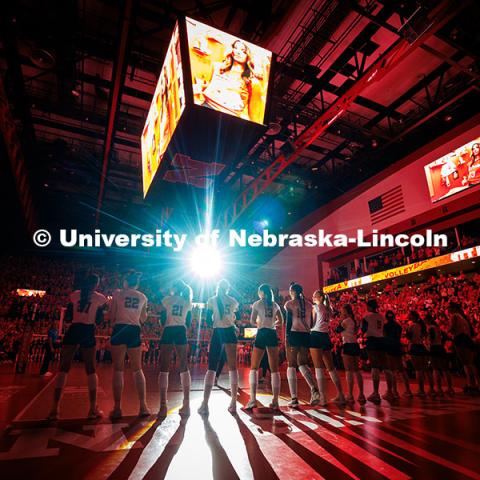 Players line up as they are introduced at the Nebraska vs. Minnesota volleyball game. Nebraska vs. Minnesota volleyball game. November 14, 2024. Photo by Kristen Labadie / University Communication.