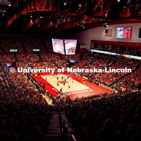 High angle view of the Nebraska vs. Minnesota volleyball game. Nebraska vs. Minnesota volleyball game. November 14, 2024. Photo by Kristen Labadie / University Communication.