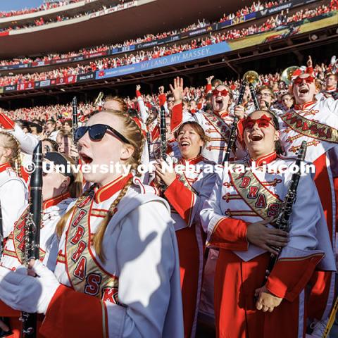 The Cornhusker Marching Band celebrate after the Huskers score a touchdown on their opening drive. Nebraska vs. Wisconsin football game. November 23, 2024. Photo by Jordan Opp / University Communication and Marketing.