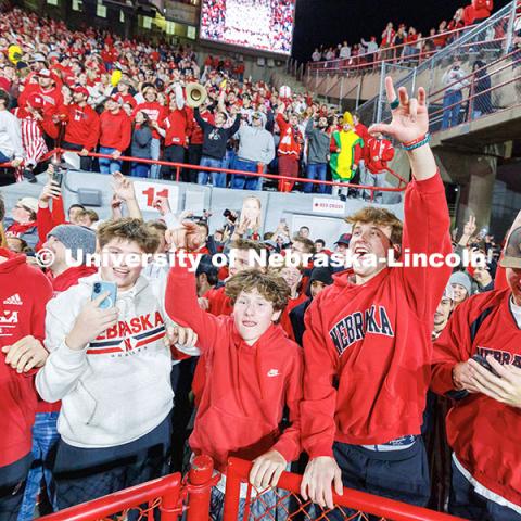 Husker fans celebrate in the closing seconds as the Huskers beat Wisconsin 44-25. Nebraska vs. Wisconsin football game. November 23, 2024. Photo by Jordan Opp / University Communication and Marketing.