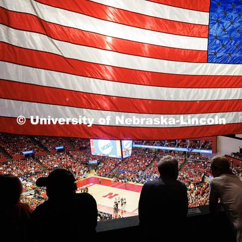 Fans watch as the Husker volleyball team competes in round one of the NCAA Volleyball Tournament at the Bob Devaney Sports Center. Nebraska vs. Florida A&M Volleyball game. Photo by Jordan Opp / University Communication and Marketing.