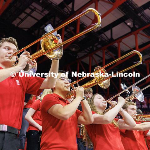 The Cornhusker Marching Band plays during round one of the NCAA Volleyball Tournament at the Bob Devaney Sports Center. Nebraska vs. Florida A&M Volleyball game. Photo by Jordan Opp / University Communication and Marketing.