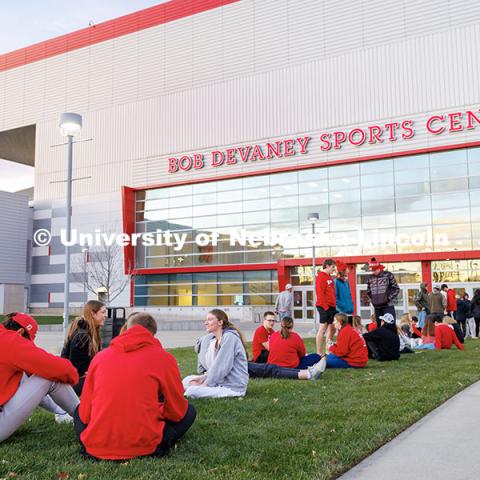 Nebraska volleyball fans wait outside the Bob Devaney Sports Center ahead of round two of the NCAA Volleyball Tournament. Nebraska vs. Miami Volleyball game. Photo by Jordan Opp / University Communication and Marketing.