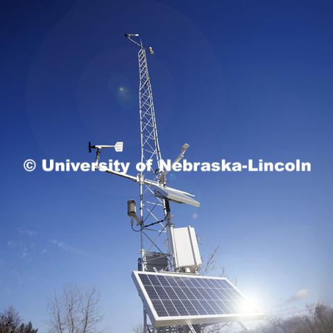 A Nebraska Mesonet weather station on east campus. December 10, 2024. Photo by Craig Chandler / University Communication.